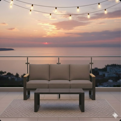 2-Piece 3-Seat Outdoor Sofa Couch Set, 75" All-Weather 3-Seat Aluminum Patio Sofa With Thick Gray Cushions  & 44" Glass Coffee Table