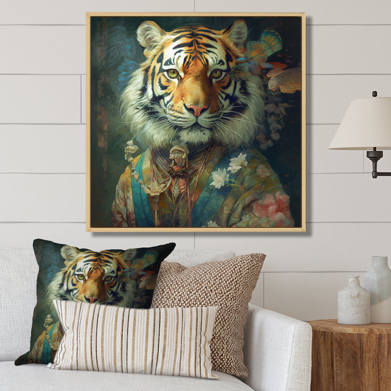 Portrait de tigre rétro - tigre, art mural, H 16 po x l 16 po x P 1 po, Cadre flottant en érable