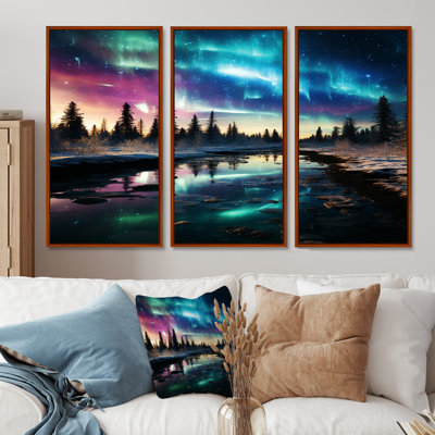 «Blue Northern Lights River Snow Landscape - Aurora Borealis», ensemble de salon d'art mural