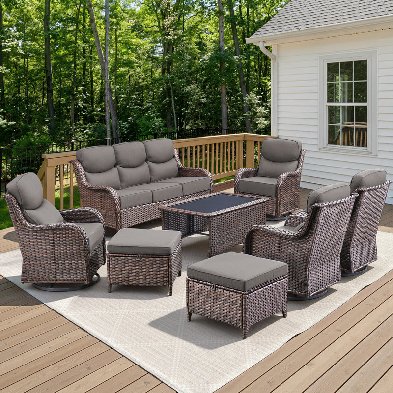7-9 Person Outdoor Wicker Patio Conversation Set With Swivel Chairs And Coffee Table, Brown, Gray