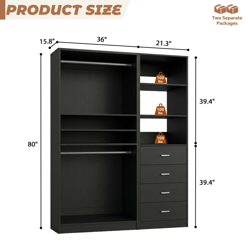 Welles Closet System with Wood Drawers, Hanging Rods, Black
