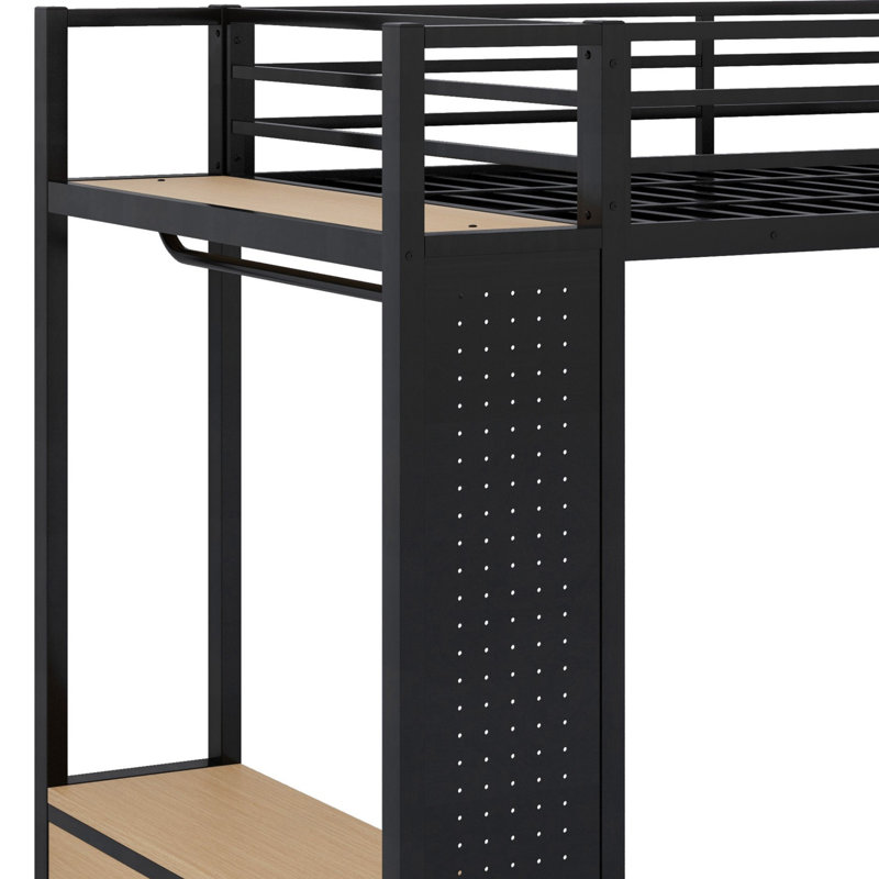 Structure de lit mezzanine avec garde-robe, lit mezzanine en métal avec tablettes de rangement et panneau perforé