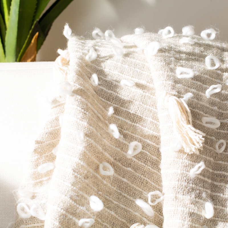 Beige and Blue Reversible Wool Throw Blanket