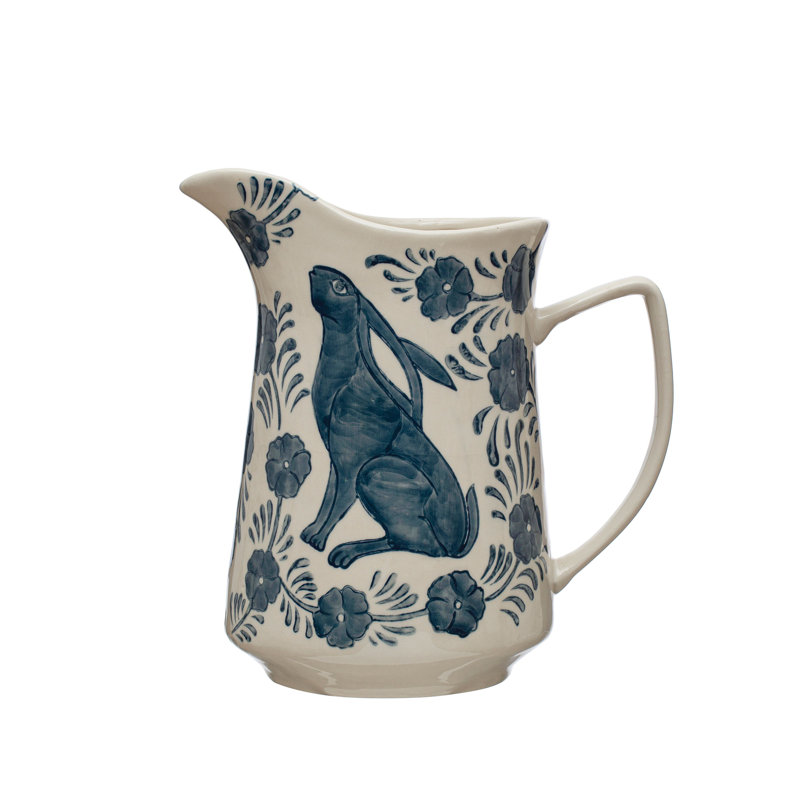 Stoneware Pitcher With Painted Rabbit And Florals