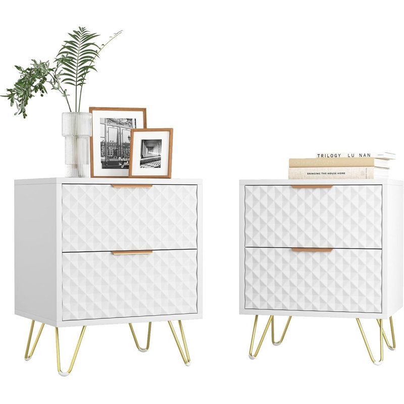 2-Piece Modern White Wood Night Stand Set With 2 Drawers Gold Legs For Bedroom Living Room, White