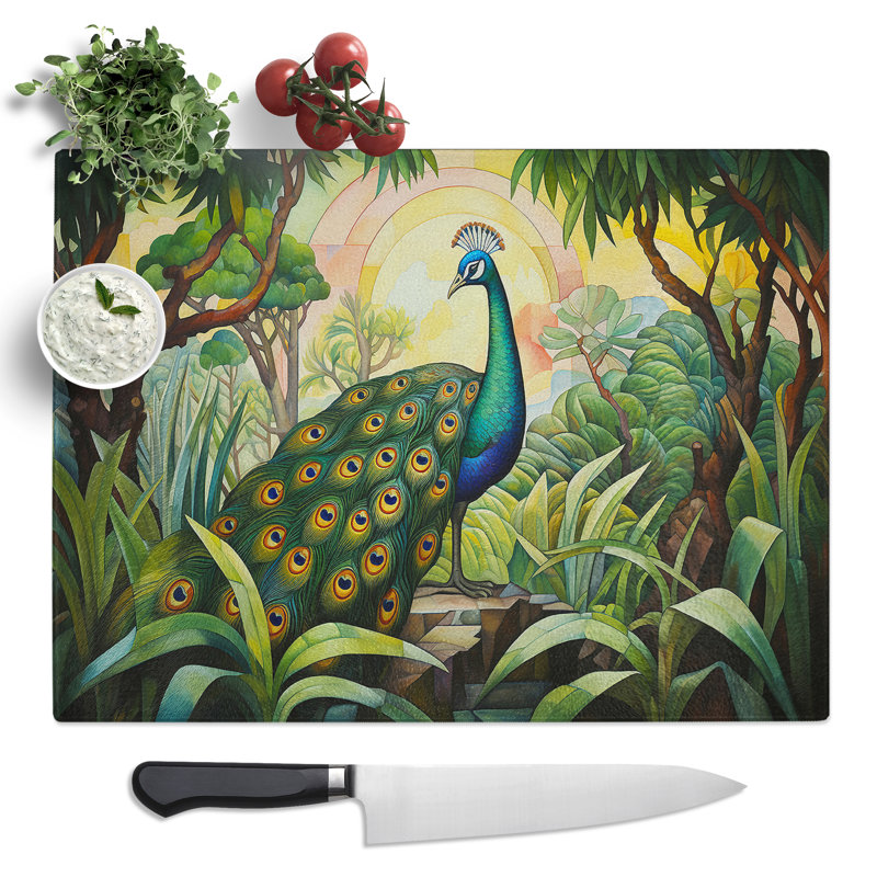 Peacock Art Deco  Glass Chopping Board