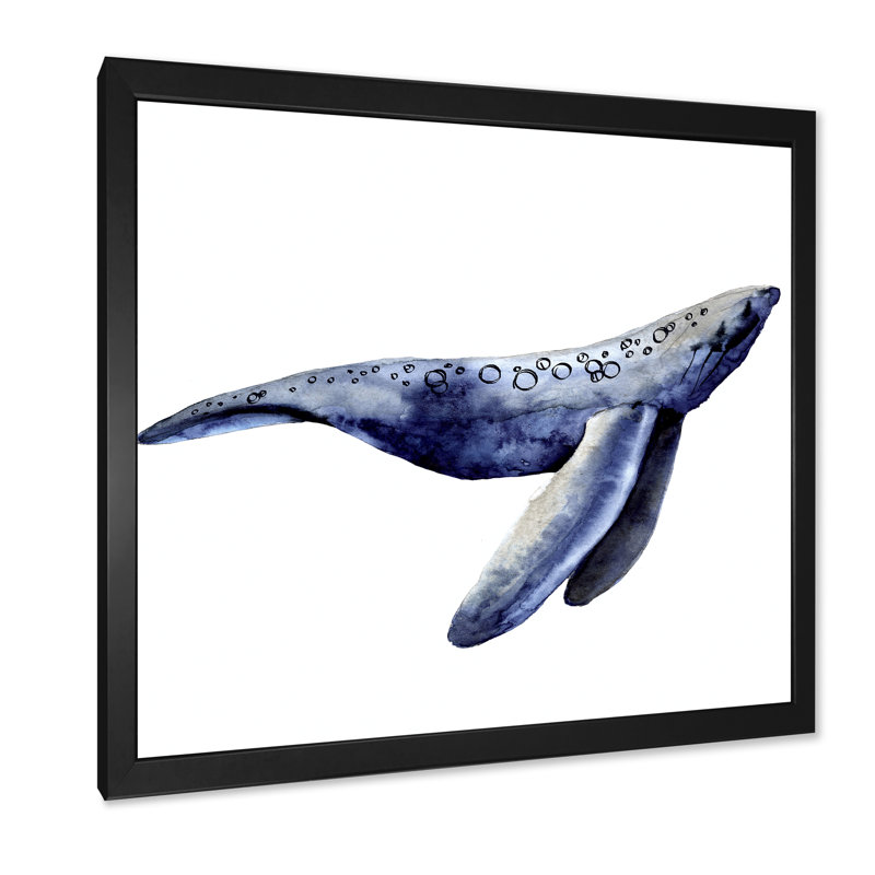 Baleine bleue sur fond blanc - peinture sur toile, H 30 po x l 30 po x P 1 po, Cadre photo noir