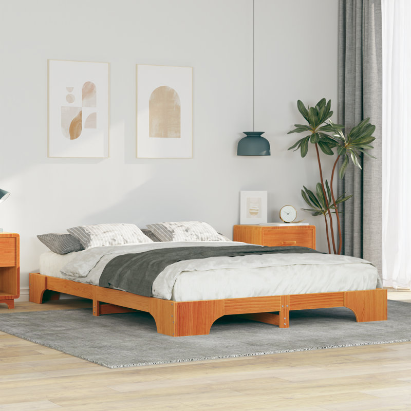 Floor Bed Frame With Storage Wood, 147cm x 217cm, Wax Brown