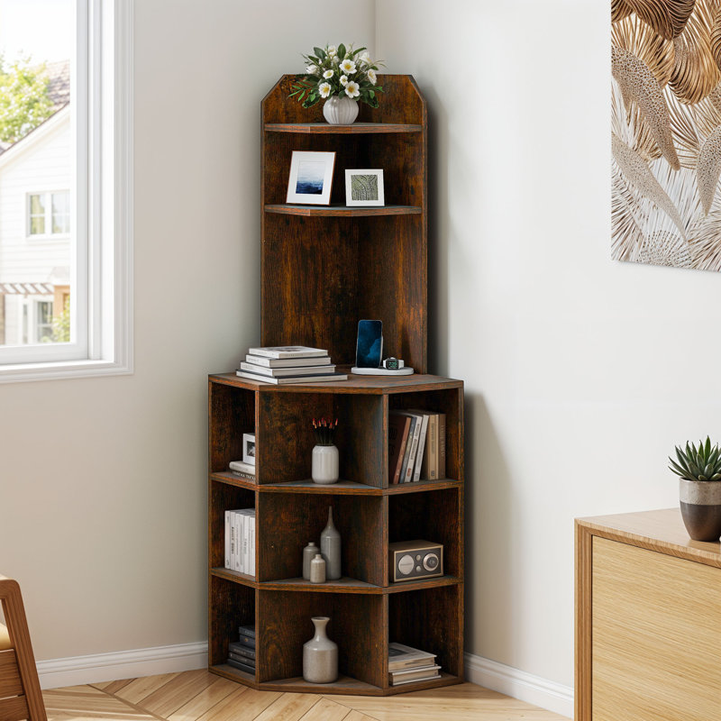 Edrosie Inc 5-Tier Corner Shelf With USB Ports & Outlets, Corner Bookshelf Storage Cabinet With 12 Cubby Spaces, Brown