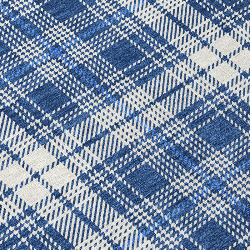 Navy and White Plaid Synthetic Washable 10' x 14' Rug