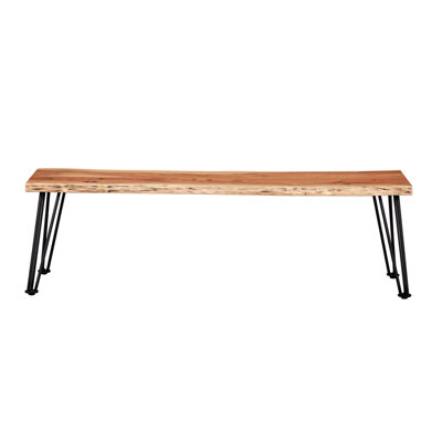 Banc de salle à manger solide avec accents biologiques Live Edge, finition rustique vieillie et pieds en épingle à cheveux en bronze à canon, convient aux détails modernes en bois, esthétique rétro, support en fer 600 livres