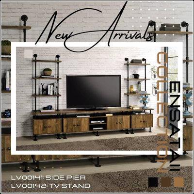 Rustic Oak and Black 2-Shelf TV Stand with Ample Storage, Perfect for Modern and Traditional Living Rooms.