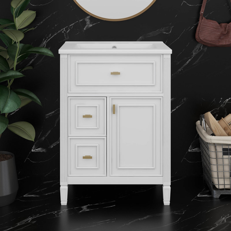 Ensemble de meuble-lavabo simple 24 po avec lavabo, armoire de rangement simple autoportante avec un tiroir rabattable, 2 tablettes de rangement et 2 tiroirs