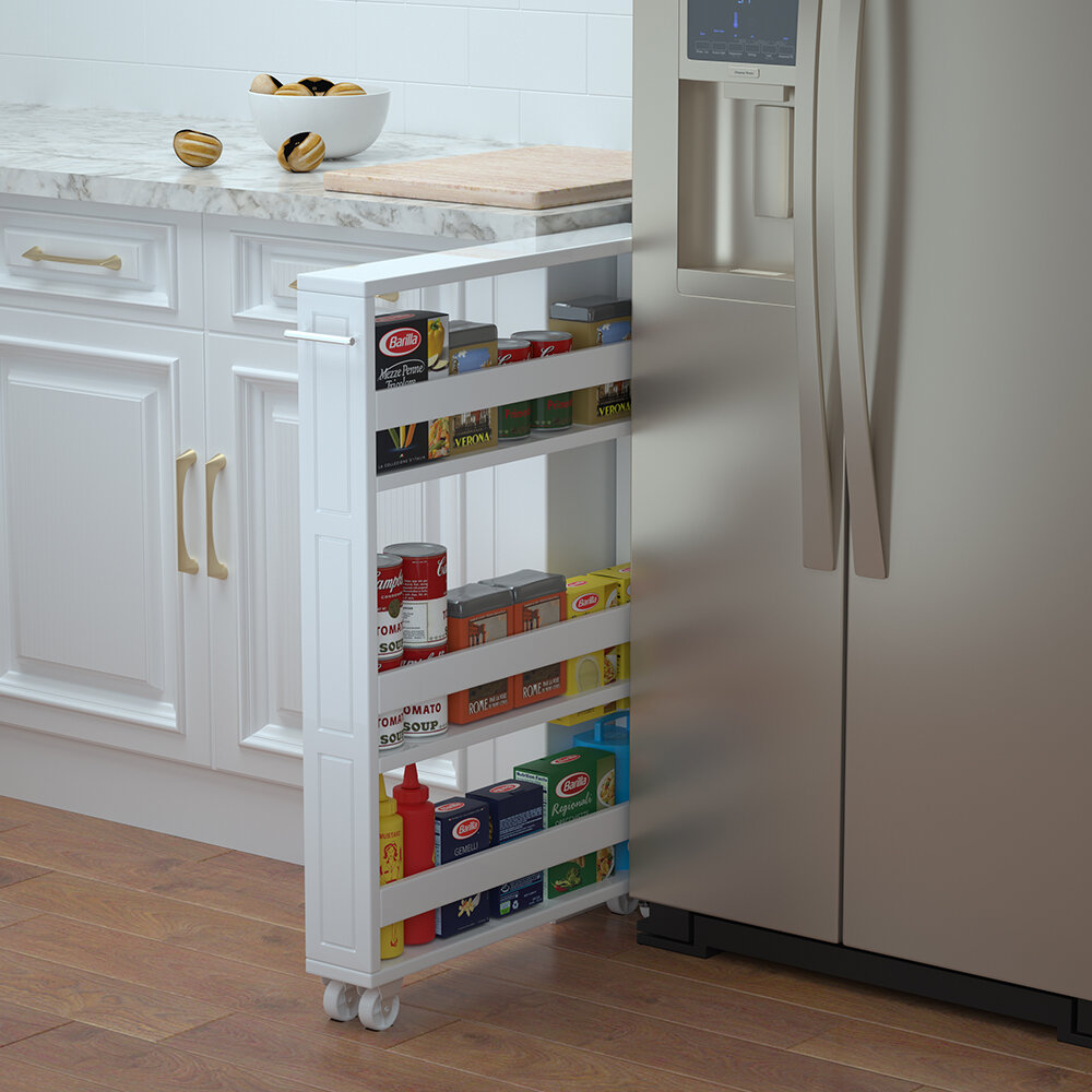 Slim Kitchen Storage with Five Slide-Out Drawers for Pantries, Gaps,  Bathrooms