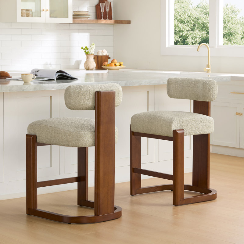 Tabouret de comptoir rembourré en bois massif, Siège avoine / structure noyer