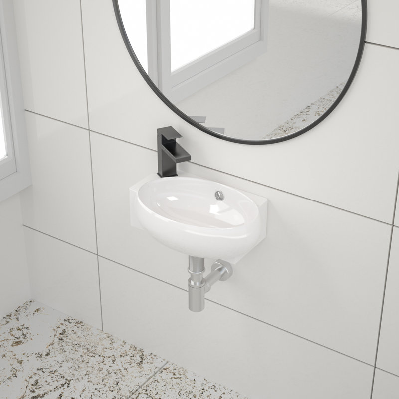 16"L x 11"W Wall Mount Bathroom Sink Oval Ceramic Corner Vessel Sink with Overflow and One Faucet Hole