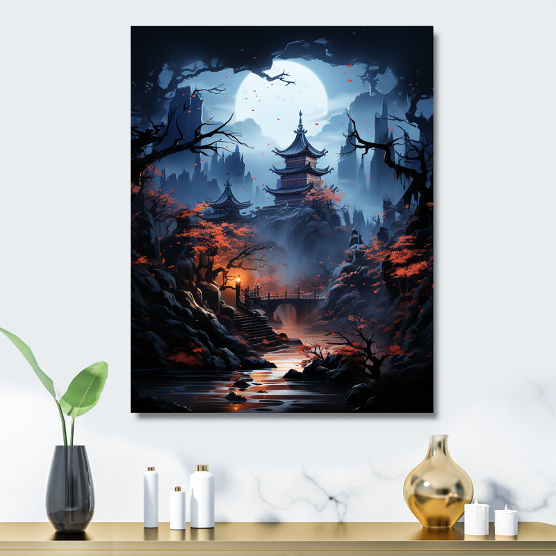 Moonlit Cliffside Mistery Landscape III - lune, art mural en métal, H 20 po x l 12 po x P 1 po