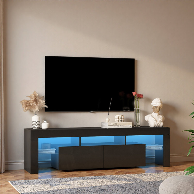Meuble télé ultrabrillant avec lumières DEL pour téléviseur de 65 po ou moins, console de télévision moderne avec armoires de rangement pour le salon