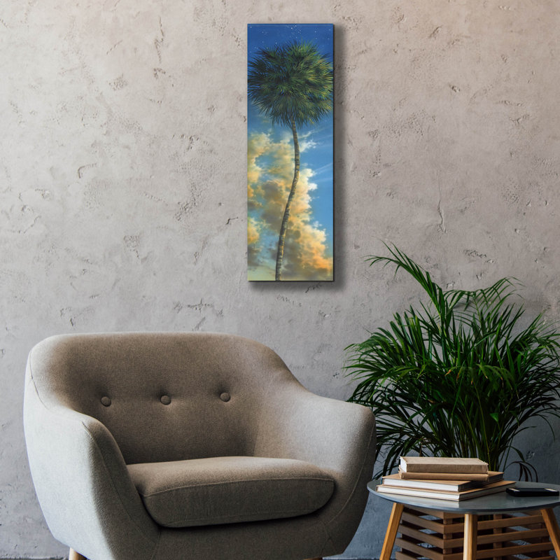 «Lone Palm Left Egret II» par James Mazzotta, art mural sur toile, H 36 po x l 12 po