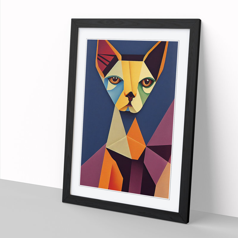 Sphynx Cat Cubism - Single Picture Frame Painting, 46cm H x 34cm W x 2cm D, Black