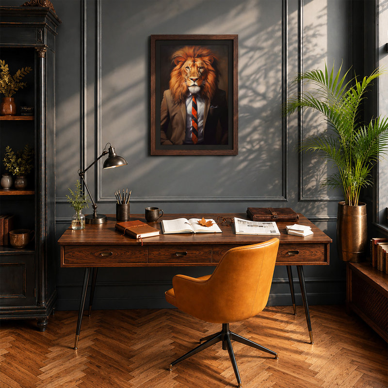 The Executive Lion Modern - Print, A2 - 59.4 x 42.0 cm, Walnut