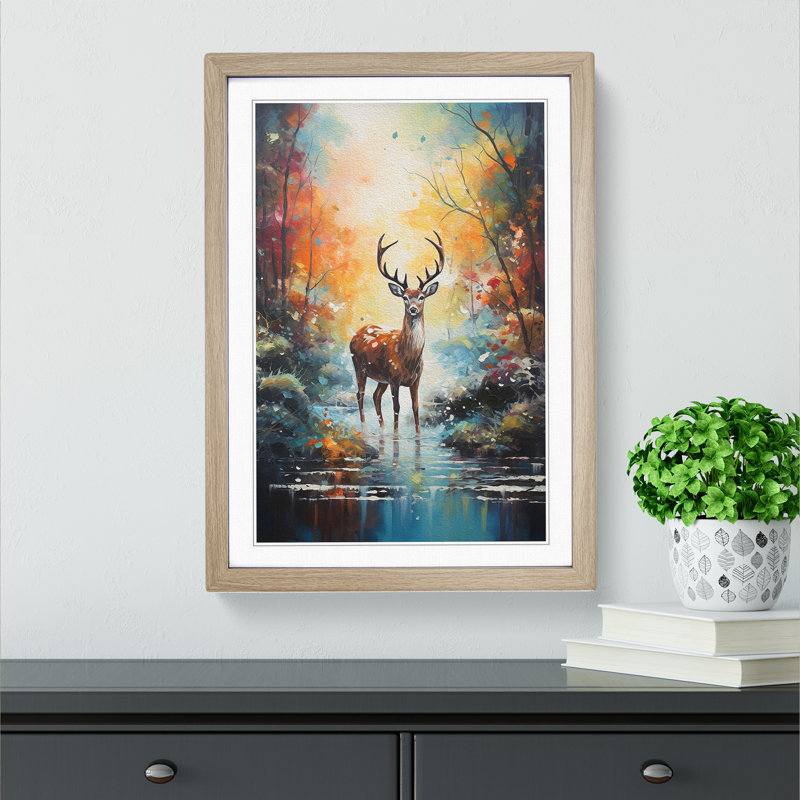 Deer Impressionism - Single Picture Frame Print on Wood, 34" H x 25" W x 2" D, Oak