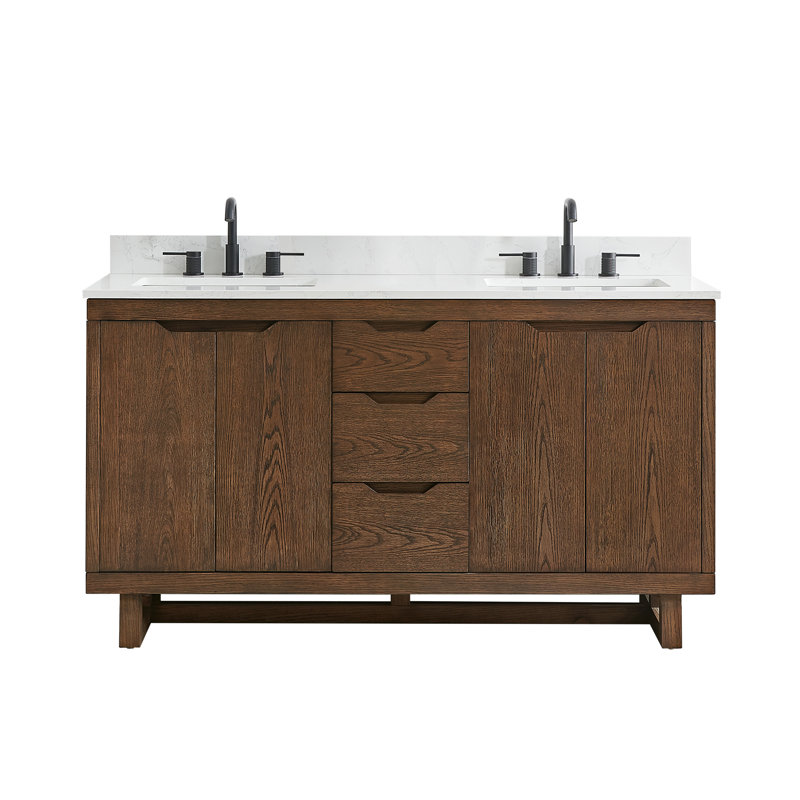 Meuble-lavabo double 60 po en chêne brossé brun avec grain de pierre blanc Mowry