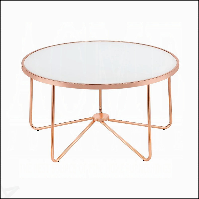 Table basse ronde avec plateau en verre givré et base en métal or rose, mobilier de salon moderne et élégant