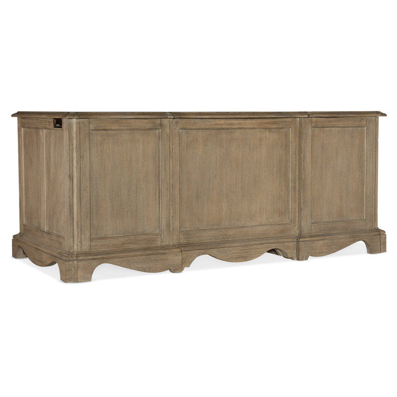 Traditional Beige Solid Wood Executive Desk with Scallop Base and Bronze Accents