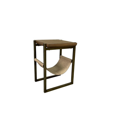 Aurora Leather Sling Chairside Table – Latte Elm Veneer End Table with Genuine Leather Magazine Sling & Metal Frame