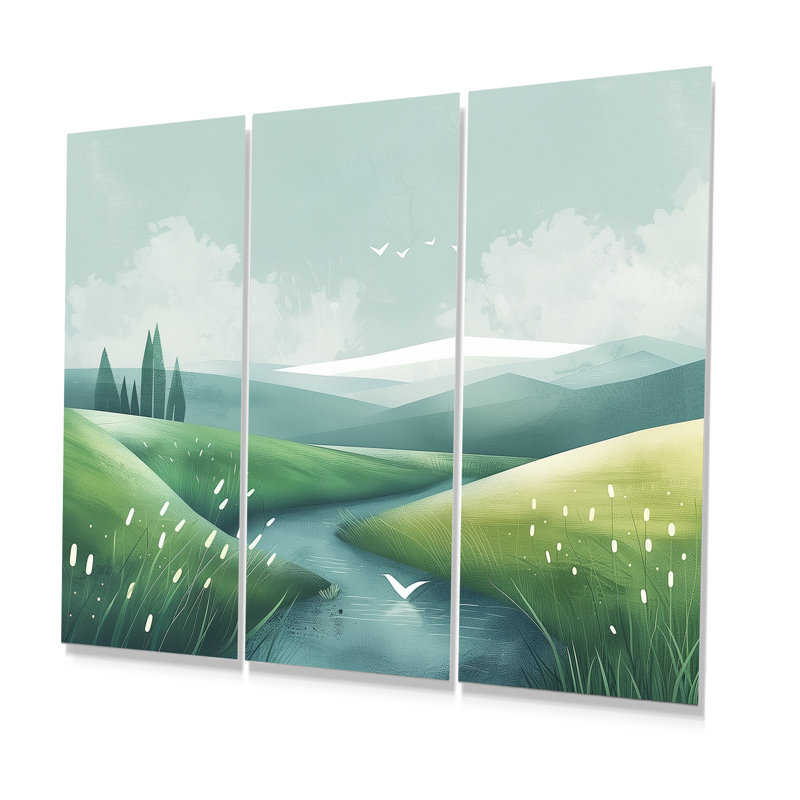 «Green Grey Pond Meadows In Tuscany I», ensemble d'art mural de ferme, Métal métal, H 28 po x l 36 po x P 1 po
