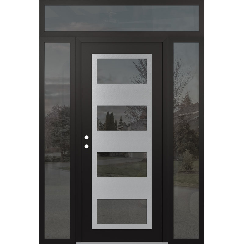 Panneau d'entrée en acier argenté noir / noir avec 2 panneaux latéraux et porte d'entrée avant suspendue à traverse, Oui