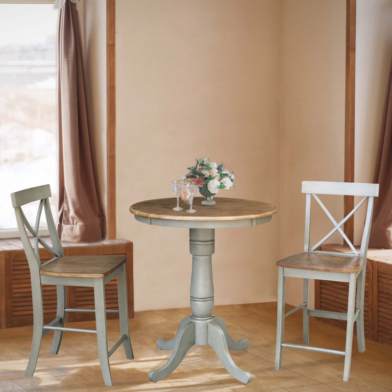Dhar 2 - Person Solid Wood Top Pedestal Dining Set, Hickory/Stone