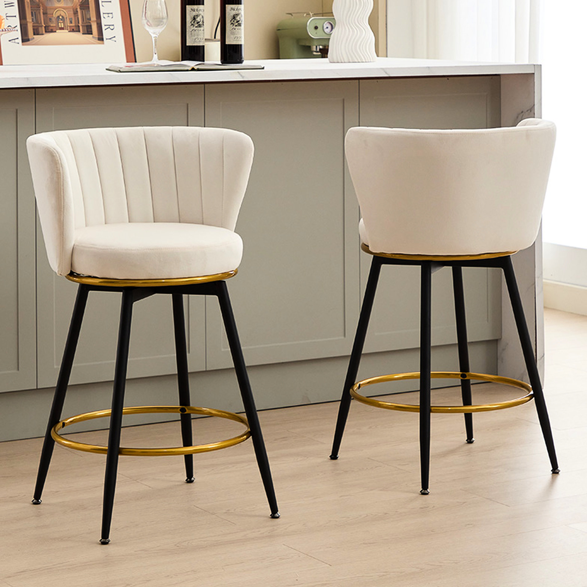 Mercer41 Counter Height Bar Stools (2pcs) - 360° Swivel Upholstered ...