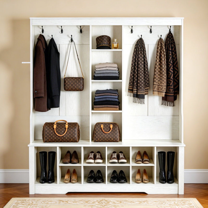 Porte-manteau d'entrée de 150 cm avec banc de rangement, rangement à chaussures, crochets et étagères.