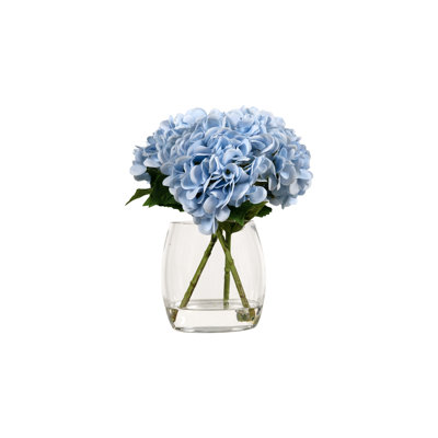 Hortensias bleus Real-touch dans un vase en verre convexe