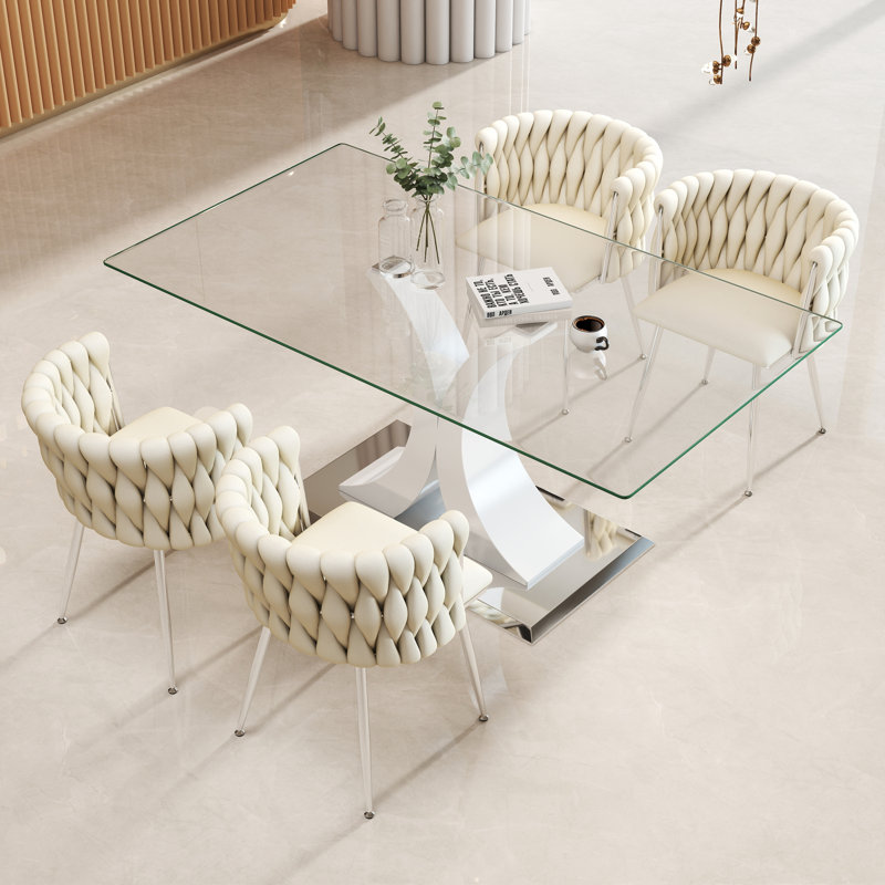Ensemble de salle à manger moderne à piédestal rectangulaire en verre trempé avec chaise tissée en velours, Ivoire, Blanc