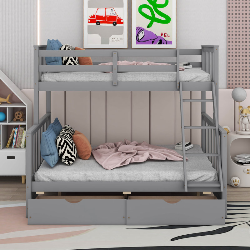 Lit superposé simple sur double avec échelles et tiroirs, Gris