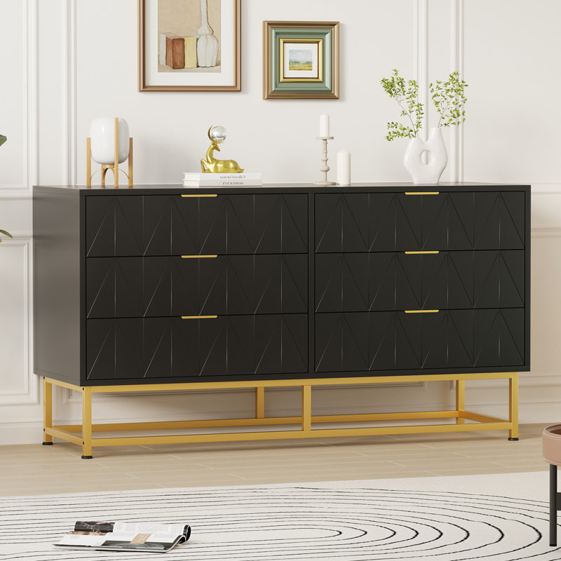 6 Drawer Dresser With Gold Metal Handles ,modern Large Dresser Storage Cabine, Black