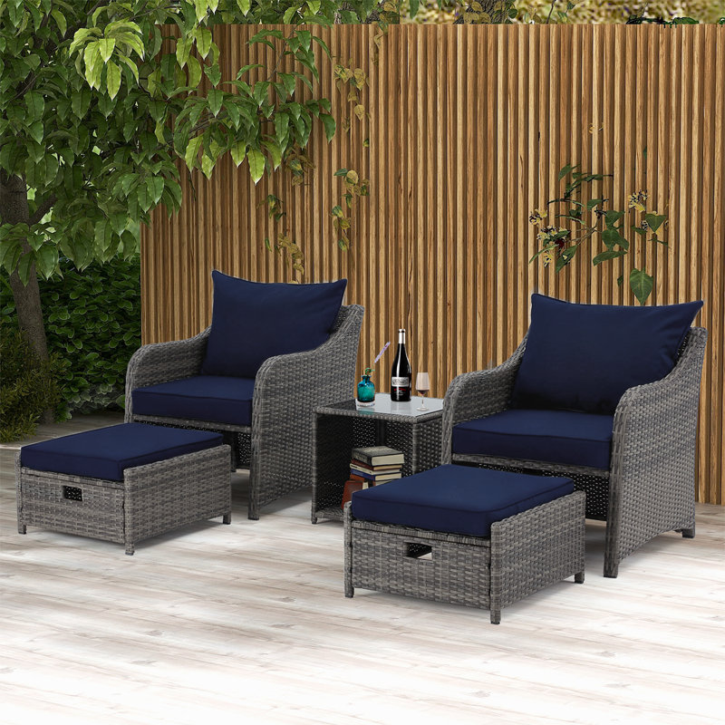 5 Piece Wicker Seating Group with Cushions, Navy Blue Cushion / Gray Frame