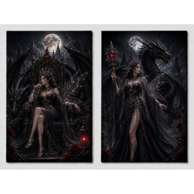 Extra-Large Set of 2 Dark Fairy Dragon Queen Wall Art Canvas Prints Gothic Fantasy Castle Decor for Bedroom Living Room 24x36 Inch Canvas Print - Ready to hang