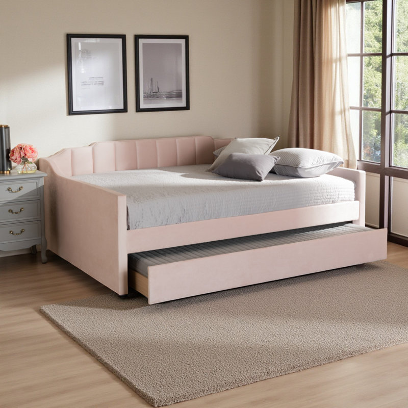 Marlee Modern Full Size Velvet Fabric Daybed in Pink, 34.71" H X 81.50'' L X 57.72'' W, Full, Pink