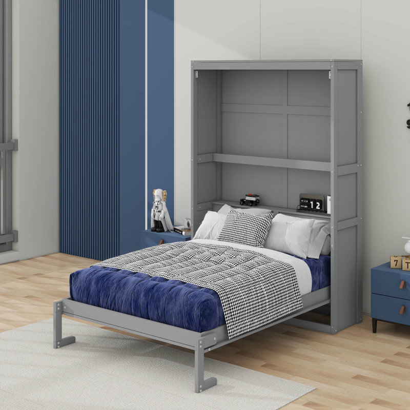 Lit escamotable double avec tablettes, Gris