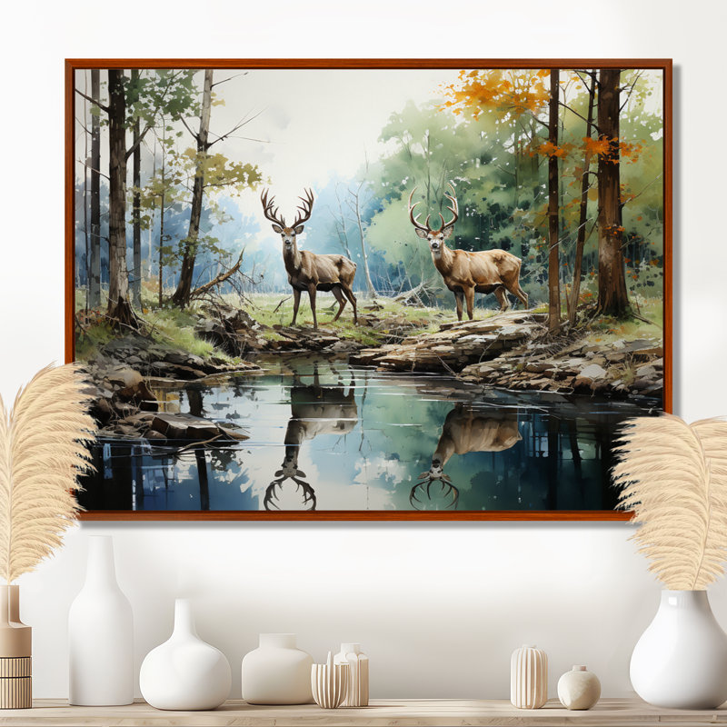 «Deer Majestic Reflections - Deer», reproduction d'art sur toile encadrée, H 16 po x l 32 po x P 1 po, Cadre flottant brun