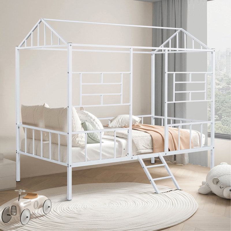 Lit simple superposé de style contemporain avec construction en métal et échelle en angle, Blanc