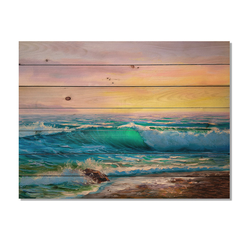  «Blue Waves Breaking At The Beach IV», reproduction d'art côtier sur bois naturel, H 15 po x l 30 po x P 0,78 po