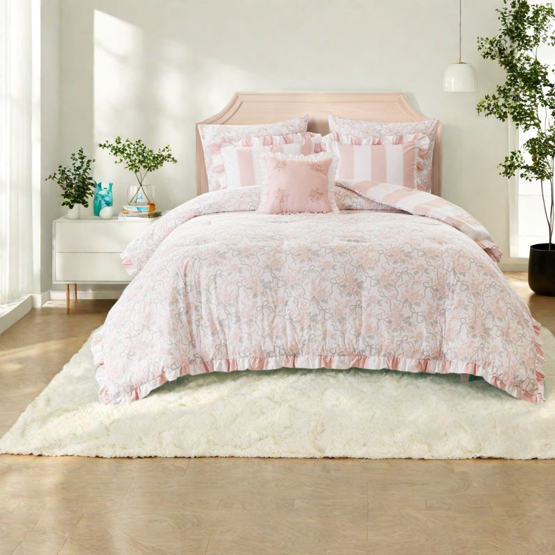 Pink Full Queen Bedding Sets, Microfiber Ruffle Comforter, Romantic Bedroom