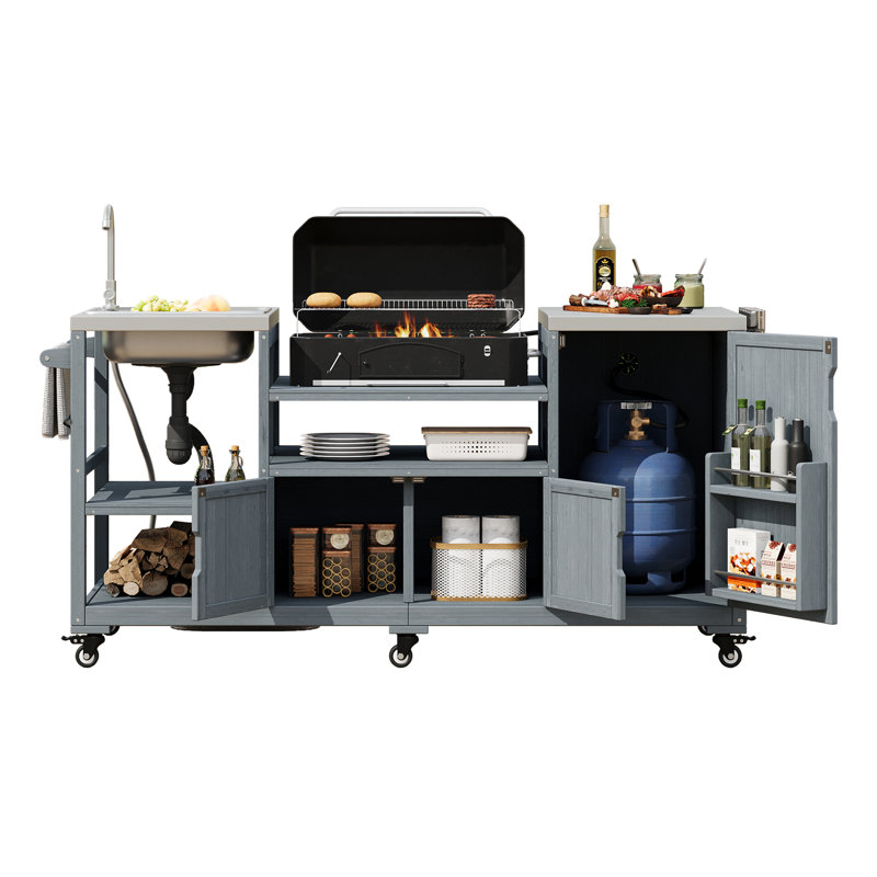 Îlot de cuisine 75,4 po avec évier (sans tabourets), Bleu