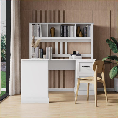 Bureaux: Bureau d'ordinateur avec rehausse, blanc antique, l 60 po x P 60 po x H 65 po | Panneau de fibres à densité moyenne | Blanc