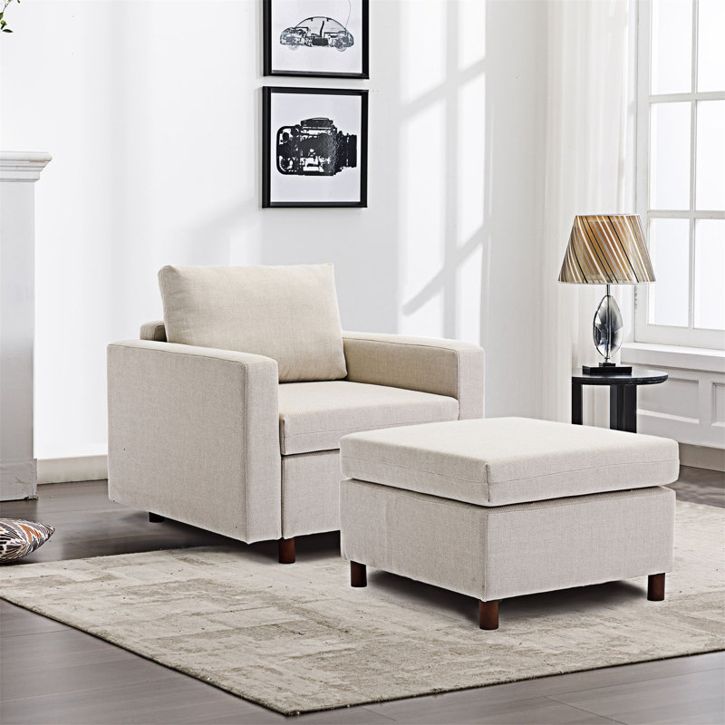 Canapé modulaire à siège simple avec repose-pieds, Crème ; lin
